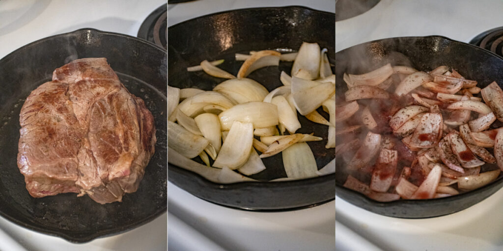 Collage showing the first steps of browning the pot roast, cooking the onions, and deglazing the pan with red wine.