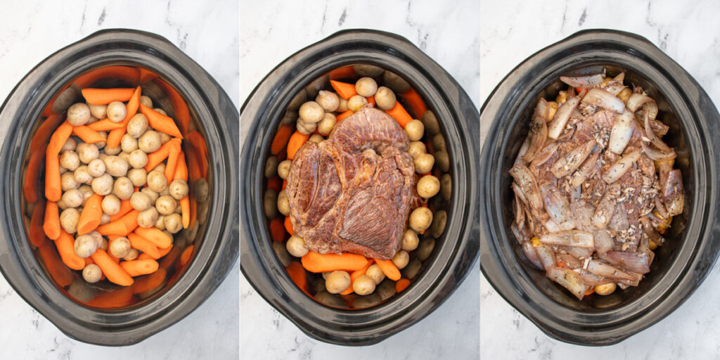 Collage showing the steps of adding the carrots and potatoes to the crockpot, adding the chuck roast on top, and then topping with the red wine sauce.