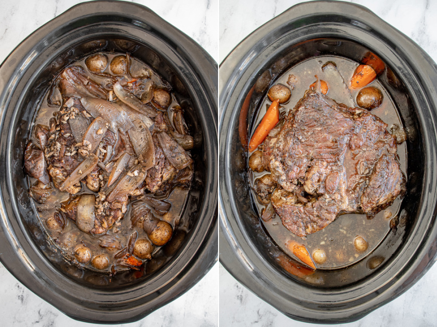 Collage showing the pot roast after it is done cooking.