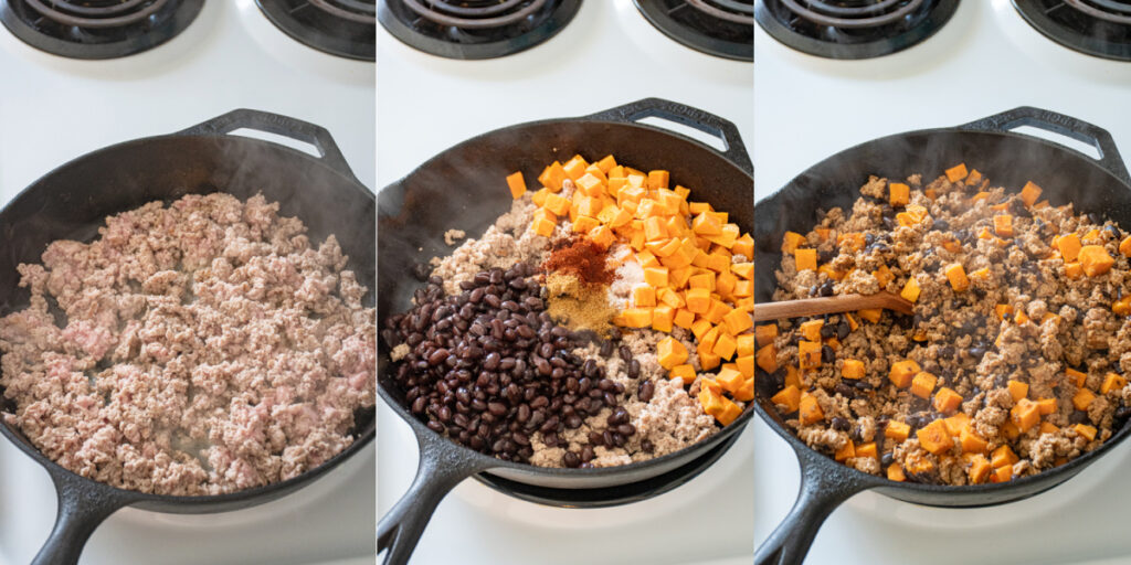 Collage showing cooking ground turkey sweet potato skillet showing ground turkey, sweet potatoes and black beans.
