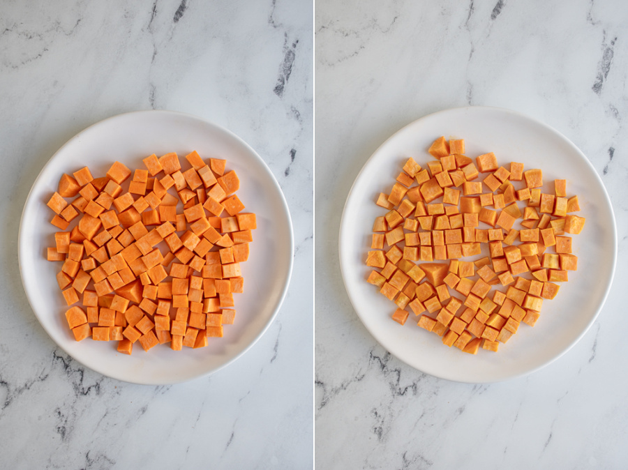 Collage showing the before and after of diced sweet potatoes being cooking in the microwave.