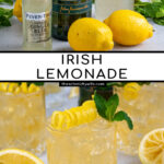 Pinterest Pin with text overlay 'Irish Lemonade', image of whiskey glass filled with ice and Irish lemonade garnished with lemon peel and mint.