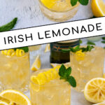 Pinterest Pin with text overlay 'Irish Lemonade', image of whiskey glass filled with ice and Irish lemonade garnished with lemon peel and mint.