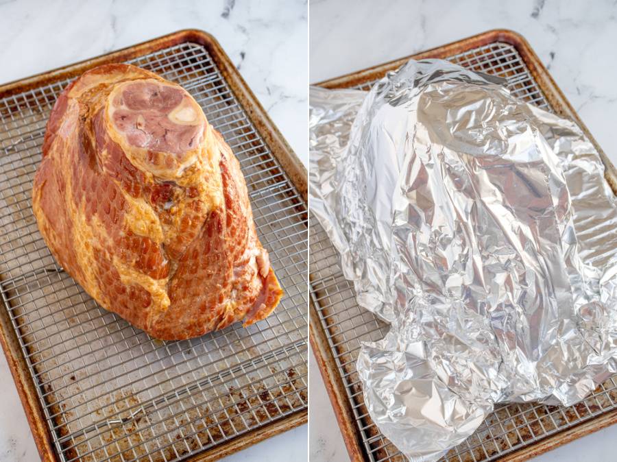 Collage showing the ham prepping for the oven by placing it on a wire rack and then covering it with aluminum foil.