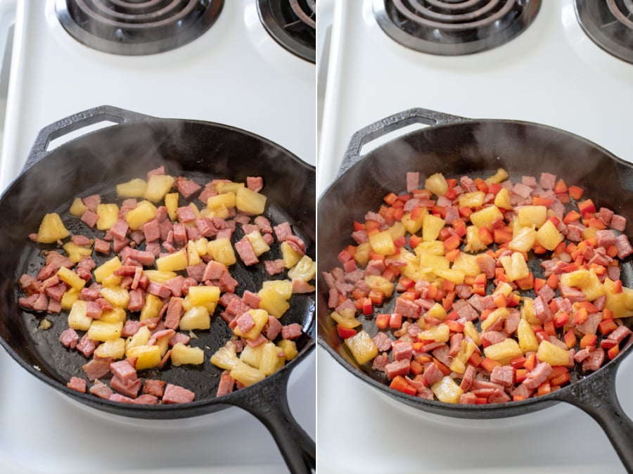 Collage showing the first steps of cooking ham, pineapple, and red bell pepper for ham fried rice with pineapple.