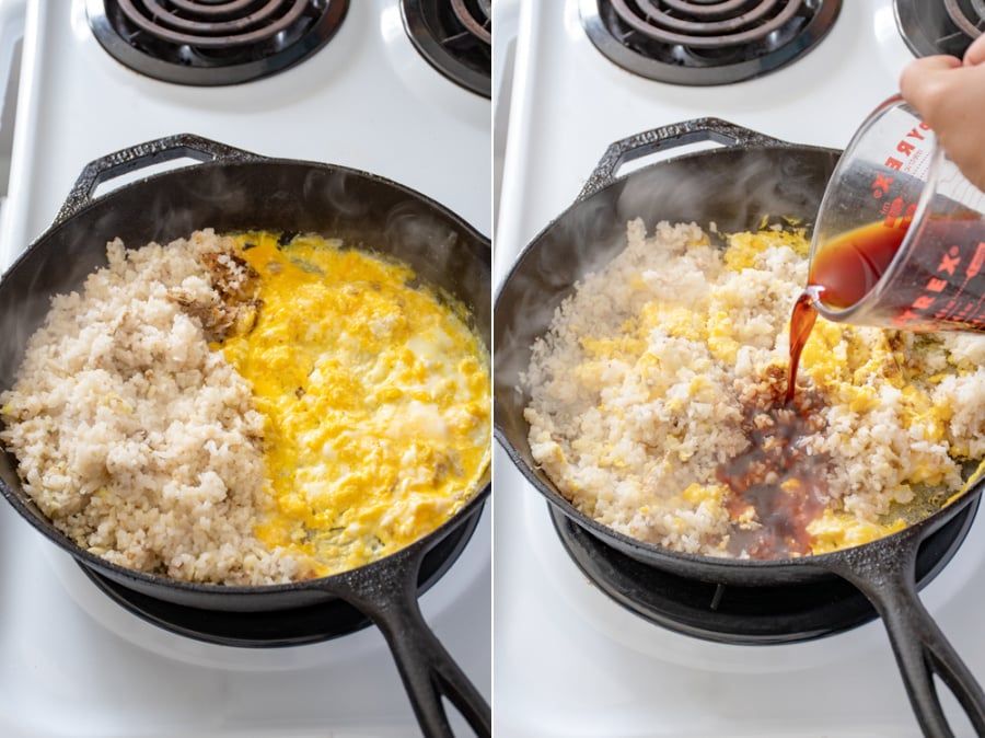 Collage showing steps of cooking rice and eggs then adding a sauce mixture while making ham fried rice with pineapple.
