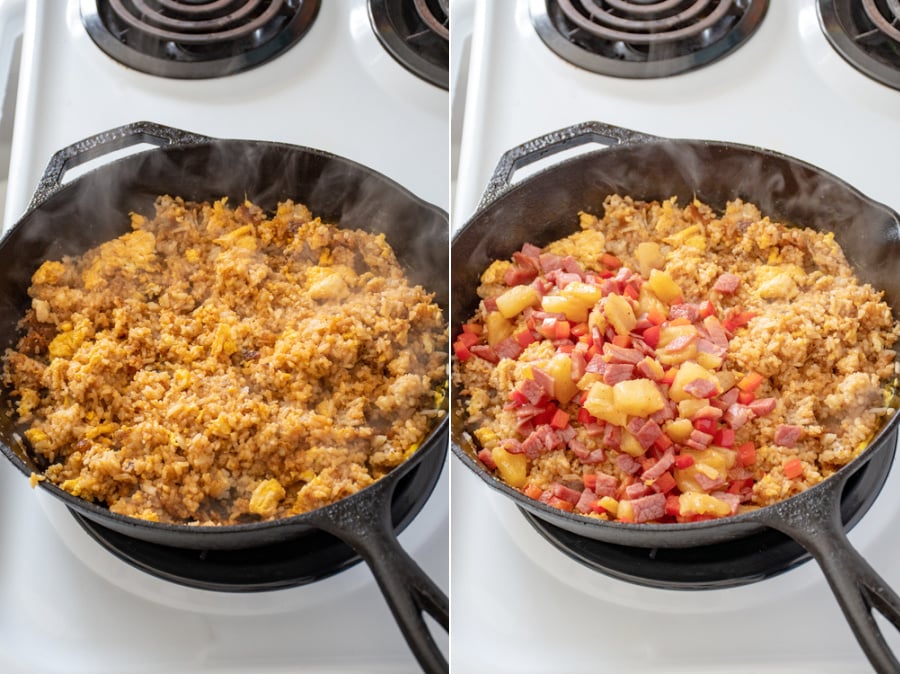 Collage showing seasoned rice with eggs and the ham mixture being added back in when making fried rice with ham and pineapple.