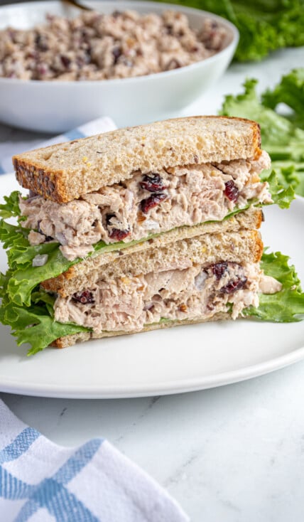 A tuna salad sandwich with cranberries cut in half with lettuce, showing the insides of the tuna sandwich.