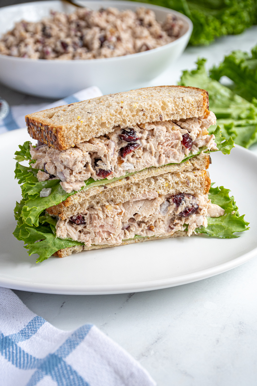 A tuna salad sandwich with cranberries cut in half with lettuce, showing the insides of the tuna sandwich.