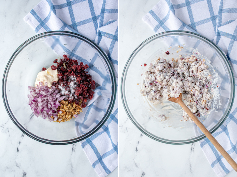 Two photo collage showing off the mix-ins for the tuna salad in the bowl and then stirred together.
