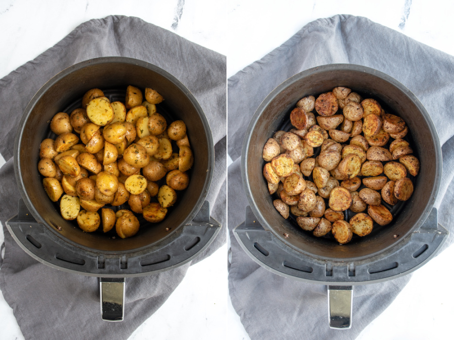 Before and after collage of the home fries in the basked of an air fryer.