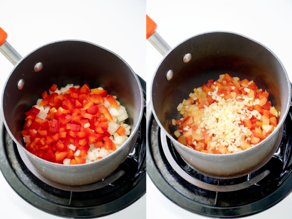 Sautéing pepper and onions to make the cuban black beans.