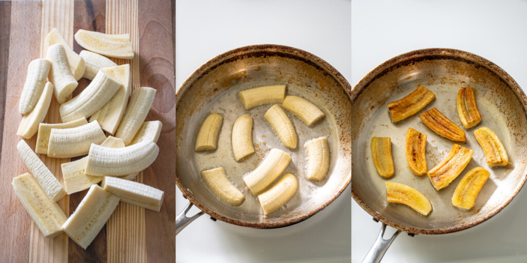 Collage showing cutting and frying of the the plantains/green bananas.