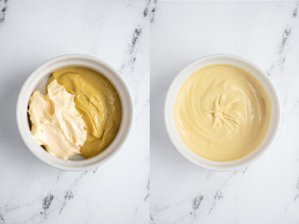 Mixing of mayo and mustard to make a sauce for the sandwich.