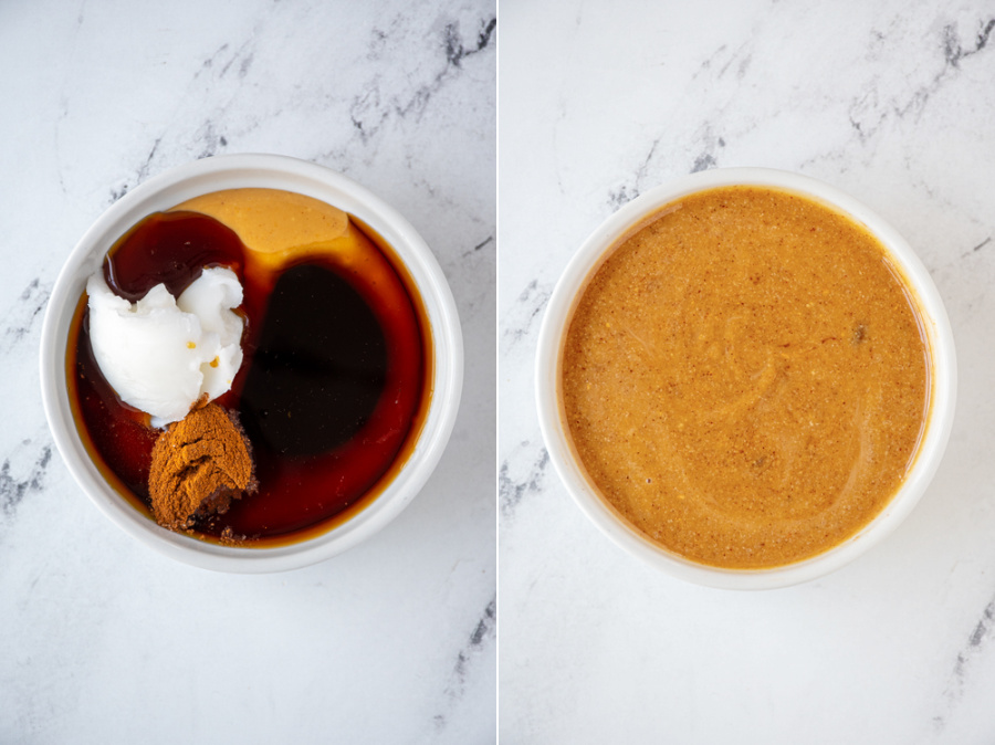 Collage with two photos showing the peanut butter mixture before and after being mixed together.