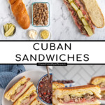 Pinterest Pin with text overlay 'Cuban sandwiches', image of a sandwich cut in half and stacked on top of each other showing off the insides.