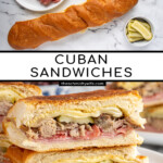 Pinterest Pin with text overlay 'Cuban sandwiches', image of a sandwich cut in half and stacked on top of each other showing off the insides.