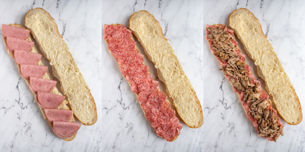 Collage showing the steps of adding hah, salami, and mojo pork to bread to make a homemade cuban.
