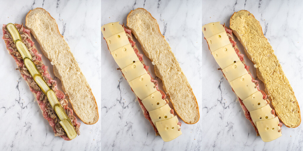 Collage showing the steps of adding pickles, Swiss cheese, and sauce to the bread to make a homemade Cuban sandwich.