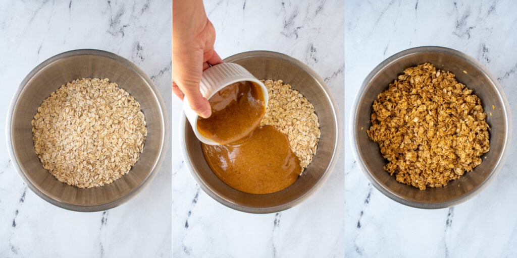 Steps in mixing the homemade peanut butter granola showing the oats, peanut butter mixture being added, and being mixed together.