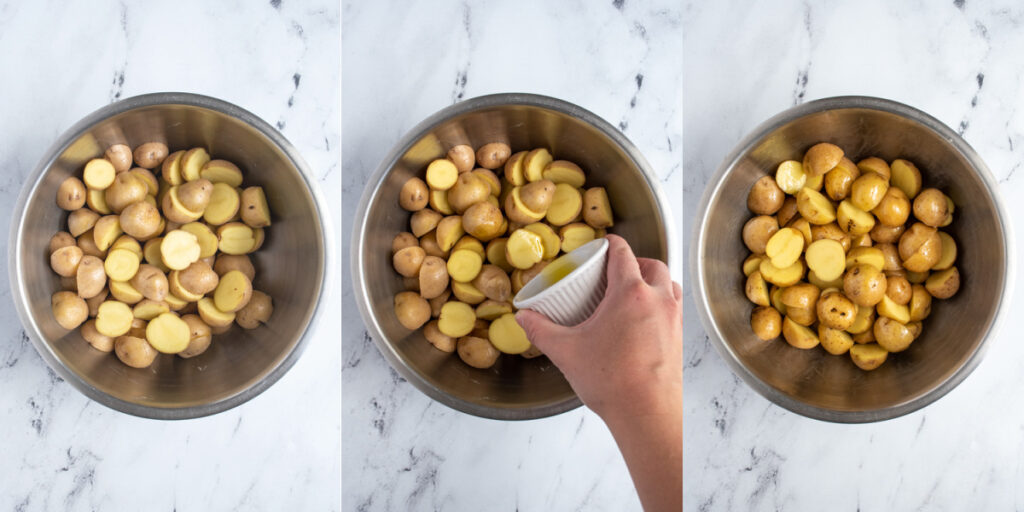 Collage showing the steps of adding olive oil to the halved baby potatoes to make home fries.