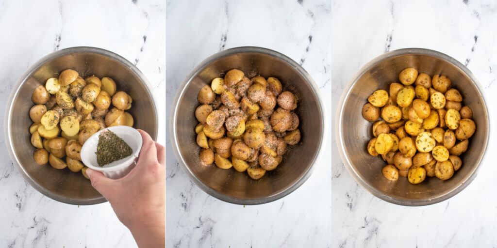 Collage showing the steps of adding and tossing the baby potatoes in seasoning for the air fryer.