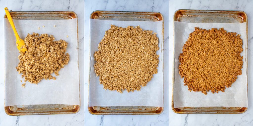 Steps showing making the peanut butter granola onto a sheet pan, spreading it out, and then the result when it comes out of the oven.