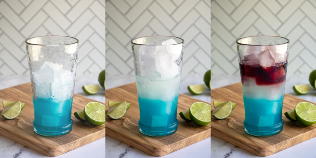 Collage showing the different blue, white, and red layers in the margarita.