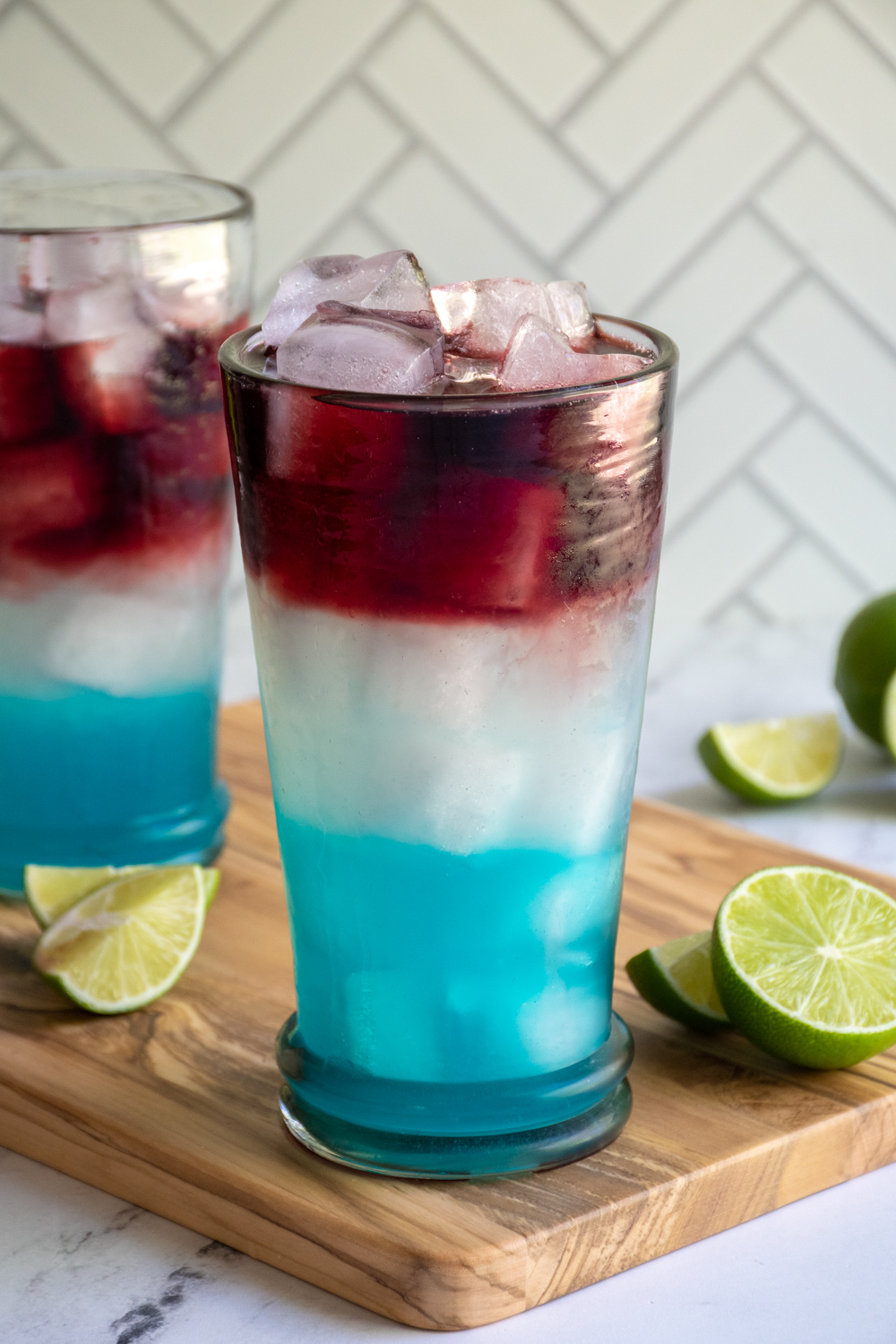 Close up of a red, white, and blue margarita.