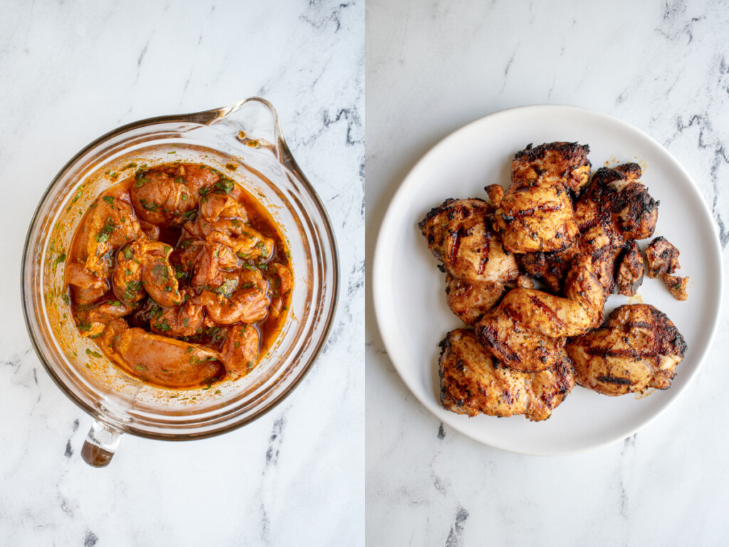 Collage showing the chicken marinating and then grilled laid out on a plate.