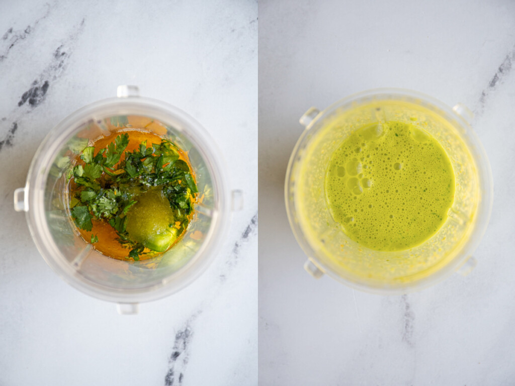 Collage showing before and after of making homemade orange cilantro dressing.
