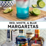 Pinterest pin with text overlay 'red, white, and blue margarita', image of a glass with layered red, white, and blue margarita.