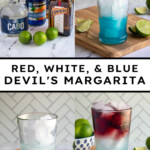 Pinterest pin with text overlay 'red, white, and blue devils' margarita', image of a glass with layered red, white, and blue margarita.