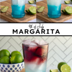 Pinterest pin with text overlay '4th of July Margarita', image of a glass with layered red, white, and blue margarita.