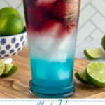 Pinterest pin with text overlay '4th of July Margarita', image of a glass with layered red, white, and blue margarita.
