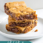 Pinterest pin with text overlay 'Whole Wheat Chocolate Chip Cookie Bars', image of a stack of 3 cookie bars on a white plate.