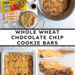 Pinterest pin with text overlay 'Whole Wheat Chocolate Chip Cookie Bars', image of a stack of 3 cookie bars on a white plate.