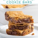 Pinterest pin with text overlay 'Whole Wheat Chocolate Chip Cookie Bars', image of a stack of 3 cookie bars on a white plate.