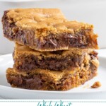 Pinterest pin with text overlay 'Whole Wheat Chocolate Chip Cookie Bars', image of a stack of 3 cookie bars on a white plate.