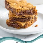 Pinterest pin with text overlay 'Whole Wheat Chocolate Chip Cookie Bars', image of a stack of 3 cookie bars on a white plate.