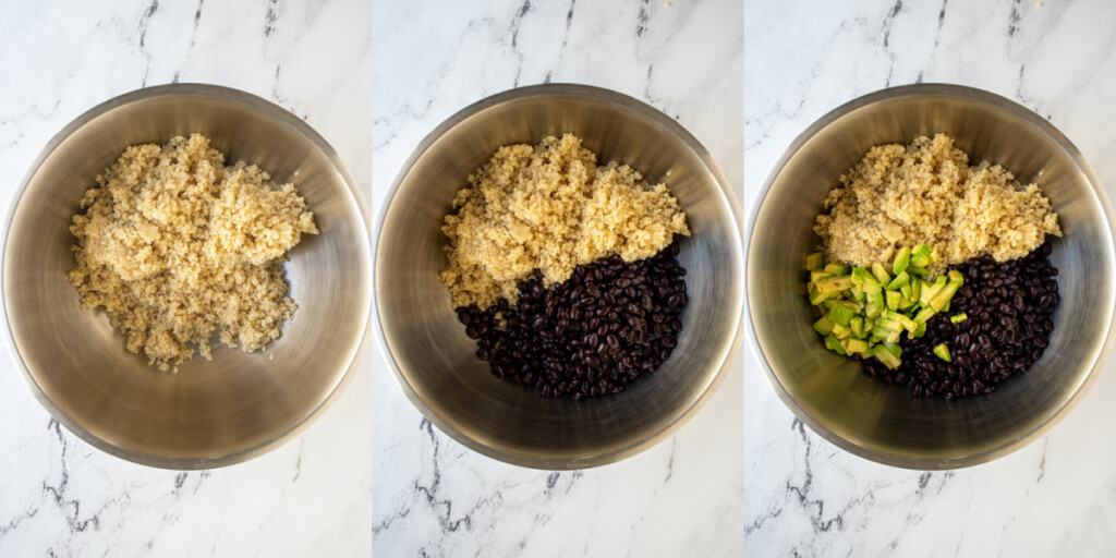 Collage showing the steps of adding the quinoa, black beans, and avocados.