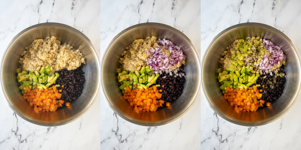 Collage showing the steps of adding the bell pepper, onions, and dressing.
