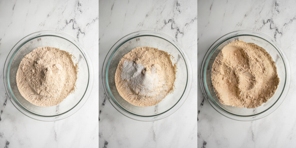 Collage showing the steps of adding the whole wheat flour to a bowl with the other dry ingredients.