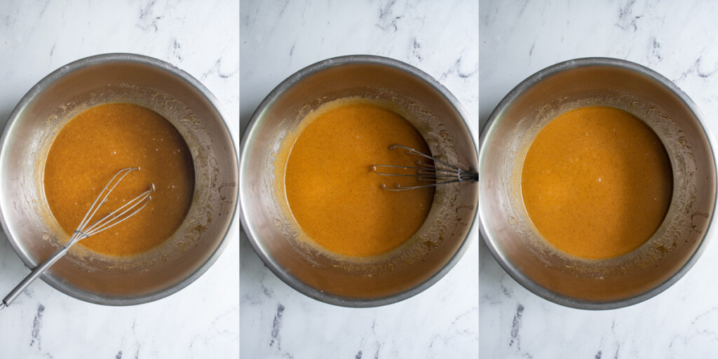 Collage showing the steps of mixing the sugar, butter, and eggs together with the whisk until it is smooth.