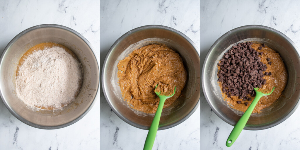Collage showing the steps of making while wheat chocolate chip cookie bars by adding the flour and chocolate chips.
