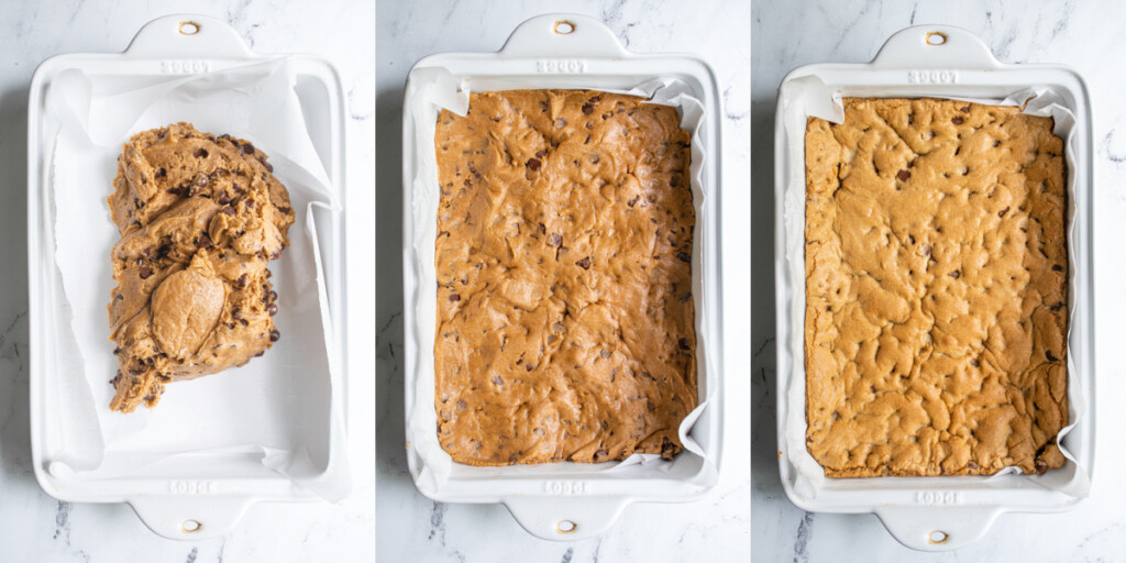 Collage showing adding the dough to the baking dish and before and after the cookie bars go in the oven.