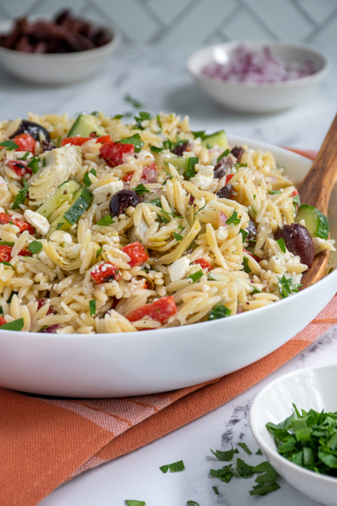 Close up photo of Mediterranean Orzo Pasta Salad.