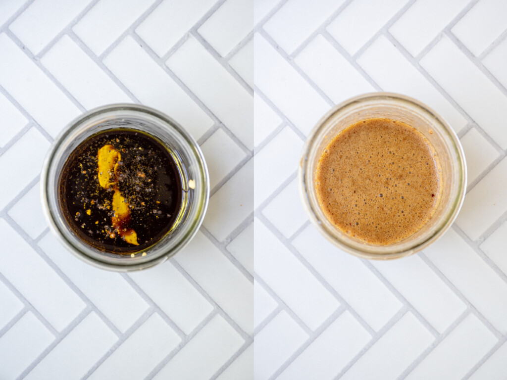 Collage showing the balsamic vinaigrette before and after being stirred together.