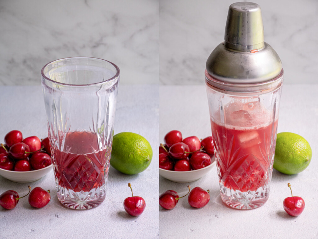 Making a fresh cherry margarita in a clear glass shaker.