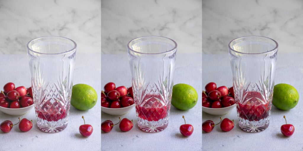 Collage showing the steps of muddling the cherries and adding the liquids.